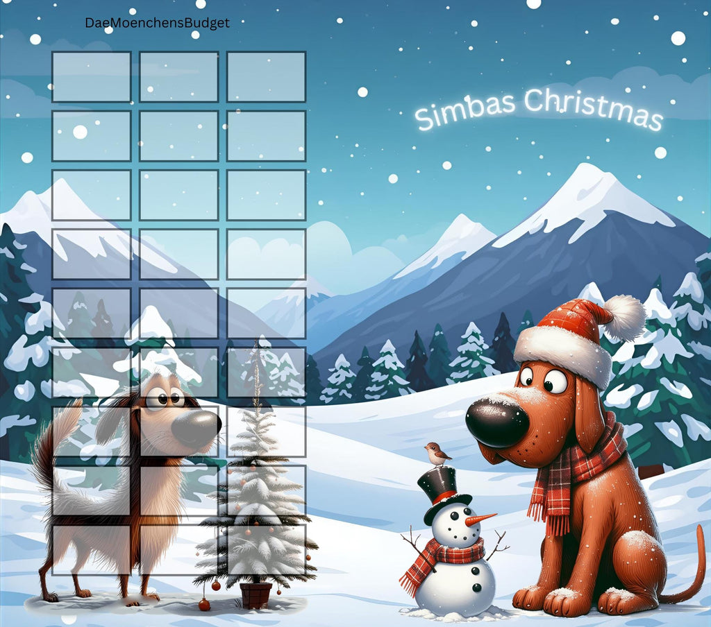 Sparspiel "Simbas Christmas" - Klappkarte -  Rubbelchallenge - Lose - Würfeln - Sparen mit der Umschlagmethode