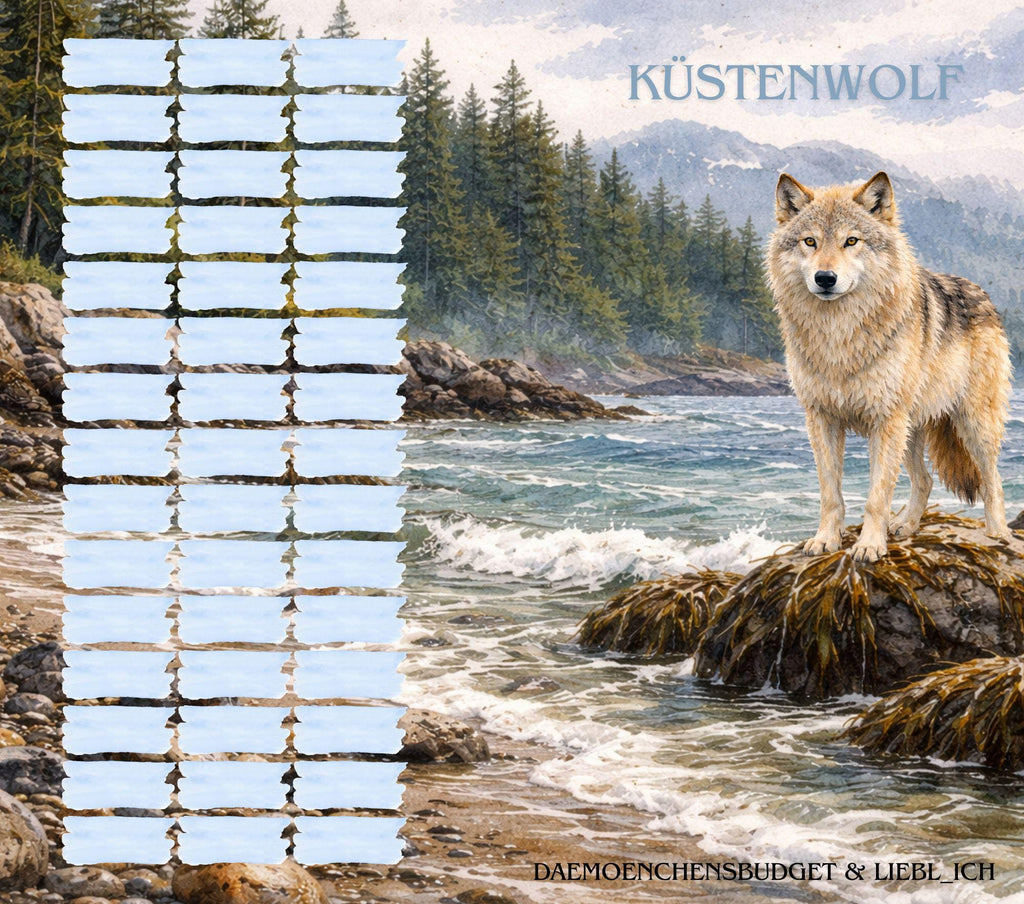 Sparspiel "Küstenwolf" - Klappkarte -  Sparchallenge - Sparen mit der Umschlagmethode