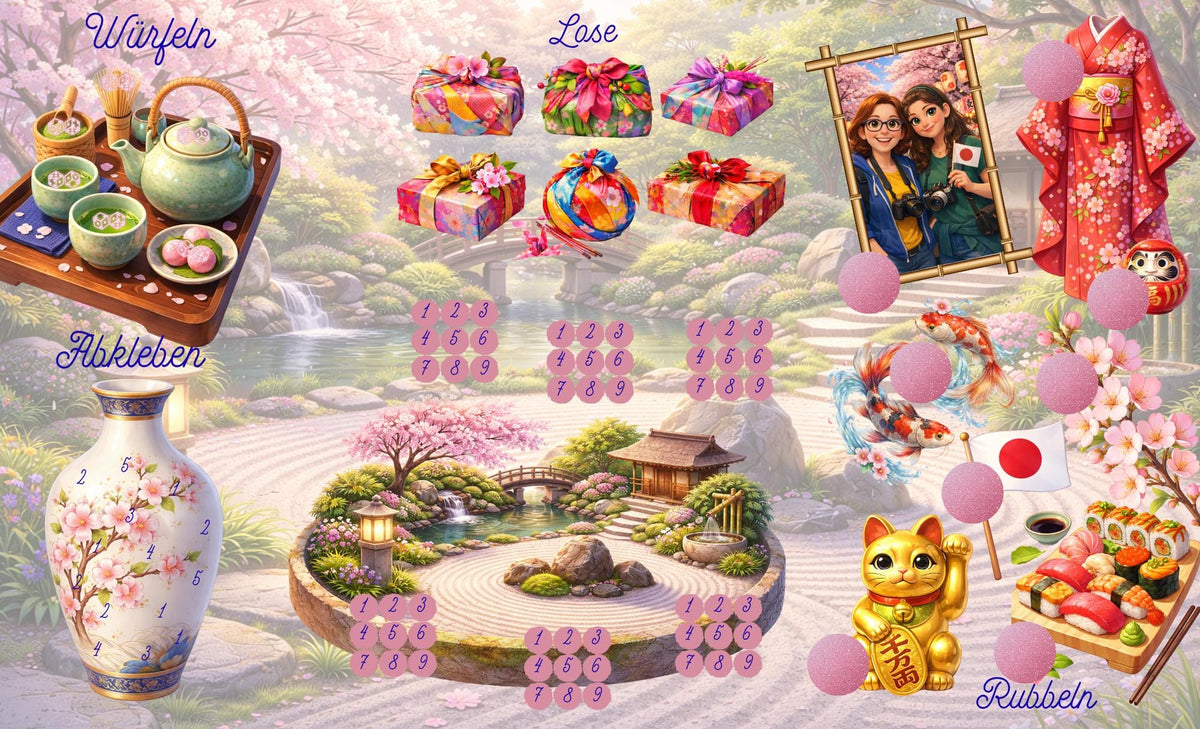 Sparspiel "Sakura" - Klappkarte - Rubbeln - Würfel - Lose - Sparen mit der Umschlagmethode